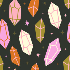 Seamless pattern with precious crystals or crystal stones of boho colors. Symbol of magic and mysticism. Precious stone Magic, fantasy crystals and semiprecious stones. Vector witch magic design.