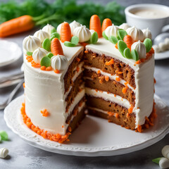 carrot cake with marzipan dried apricots on a dark background. tinting. selective focus