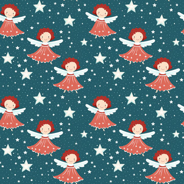 Seamless Christmas Pattern "Red Angels" for Kids