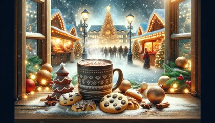 A merenda set with Christmas cookies and a steaming mug of hot chocolate. In the background, a frosted window overlooks a Christmas market with twinkling lights. Snow is visible falling outside.