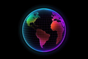 Holographic neon colored wired Earth globe, isolated on black background