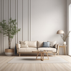 Minimalist modern living room interior background, Scandinavian style, 3D render