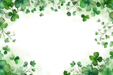 Fototapeta na wymiar Clover leaves intermingle with watercolor washes to form a serene Patrick's day background.