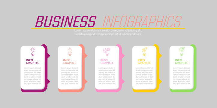Business infographics. 5 stages of achieving the goal. Stages of the workflow, development, marketing, plan or training. Business strategy with icon icons. Report or statistics schema