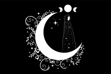 Mystical priestess in a long black dress on the white crescent moon. Triple goddess, magical wiccan woman, concept of esoteric magic sacred female in boho stile, vector isolated on black background  © ararat