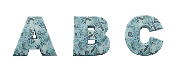 Brazil money alphabet. Letters A, B, C, formed with 100 reais bills. Font in 3d render isolated on white background, with clipping saved.