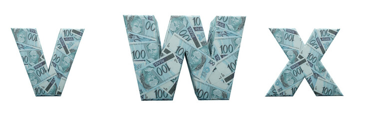 Brazil money alphabet. Letters V, W, X, formed with 100 reais bills. Font in 3d render isolated on white background, with clipping saved. - obrazy, fototapety, plakaty