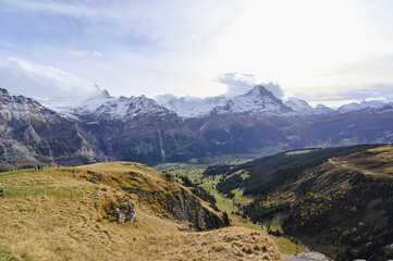 Naklejka premium View of the Bernese Alps mountain range landscape near the Jungfrau, Grindelwald, Switzerland.