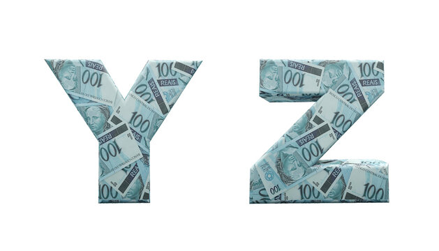 Brazil money alphabet. Letters formed with 100 reais bills. Font in 3d render isolated on white background, with clipping saved.