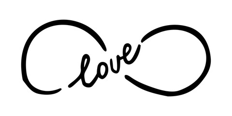 Infinity symbol with word love, hand drawn with ink brush. Thin line scribble icon. Png clipart...