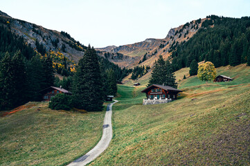 Wooden cottage in mountains of Grindelwald, Switzerland.