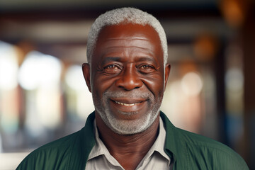 Obraz premium Happy smiling elderly black man. African elderly man. Elderly African American man Old person. AI.