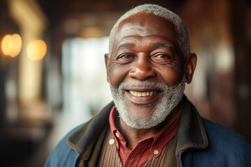 Fototapeta premium Happy smiling elderly black man. African elderly man. Elderly African American man Old person. AI.