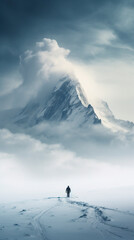 person standing on top of the epic snowy mountain, feeling challenged but prepared - obrazy, fototapety, plakaty