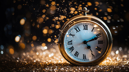 Fototapeta na wymiar Gold Antique Clock against a Gold Shimmer Bokeh Background New Year Concept