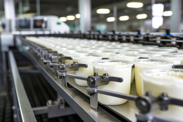Automated Robotic natural mayonnaise sauce Line. Industrial food production plant indoors