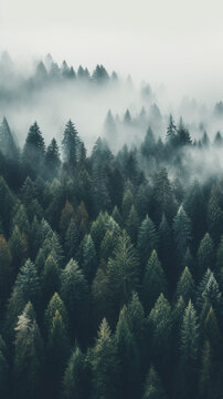 Fototapeta drone photo of a forest in Oregon and the Pacific Northwest on a foggy day, vertical orientation for social platforms 
