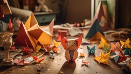 Photo of a Flock of Colorful Origami Birds Perched on a Wooden Table