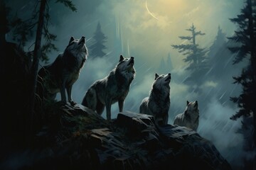 A full moon looms over the watercolor wolves, casting a mystical glow on the pack as they navigate the forest. - obrazy, fototapety, plakaty
