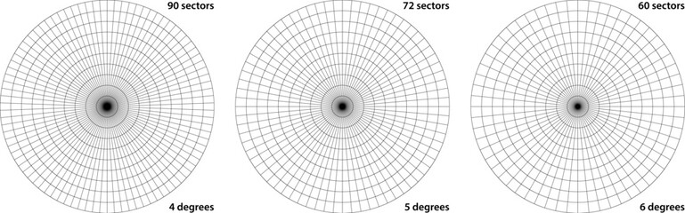 Polar grid divided into 90, 72 or 60 radial degree sectors and concentric circles. Geometry engineer round tool to measure angles of corners.