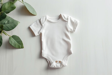 white baby bodysuit on a light background, top view, mockup