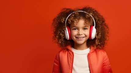 happy kid listening music on color background, generative ai