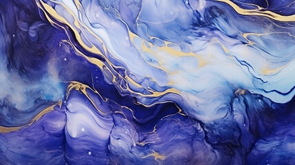 Pintura de arte fluida abstrata de luxo em técnica de tinta alcoólica, mistura de tintas azuis e roxas. Imitação de corte de pedra de mármore, veios dourados brilhantes - obrazy, fototapety, plakaty