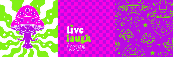 Fototapeta premium Vector art of three psychedelic cards mushroom characters with retro 90s UV neon light effects. New age concept of magic and surreal fungus. Hallucinogen plants with cosmic galaxy colors. vector