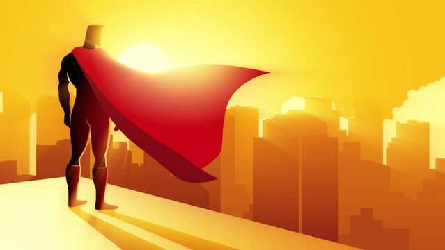 Cartoon silhouette of a superhero standing on the edge of a building watching cityscape at sunset or sunrise, motion graphics