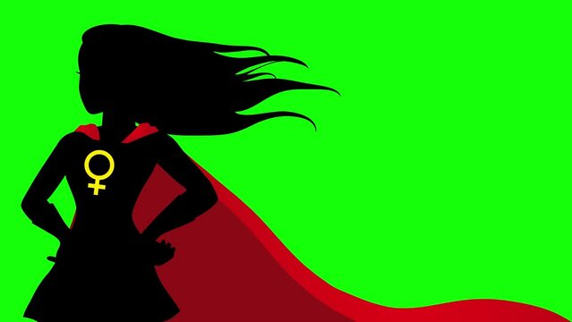 Motion graphics of a superheroine in red cape with female symbol on her chest