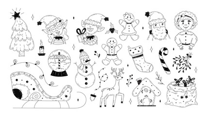 Christmas set of doodle elements. Hand drawn Christmas graphics. Set with candies, gift boxes for gift tags, labels, cards, invitations. Vector stock illustration on isolated white background.