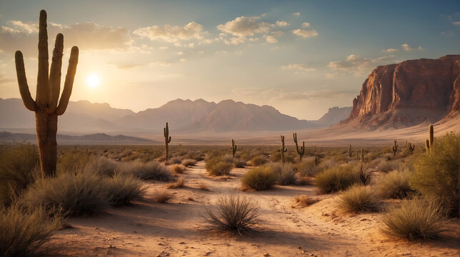 Suny Desert Panoramic View Of Sand Dunes And Mountains With Blue Sky And White Clouds