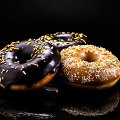 Generative AI illustartions, Fresh tasty colored donuts with sprinkles on black background