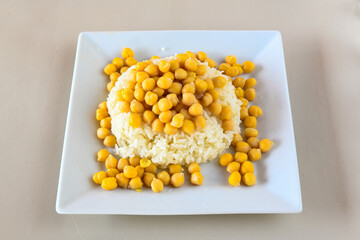 Traditional delicious Turkish food; Turkish style rice pilaf (Turkish name; Arpa sehriyeli. tavuklu, kuru fasulyeli, kavurmali pirinc pilavi)