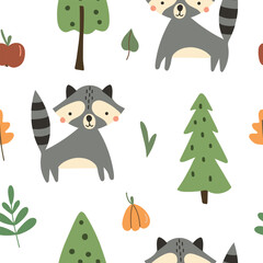 Seamless pattern with funny raccoons on a white background and forest elements. Vector illustration for your design