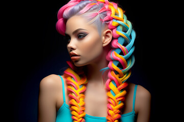 Obraz premium Portrait of a beautiful girl with rainbow neon hair style on black background.