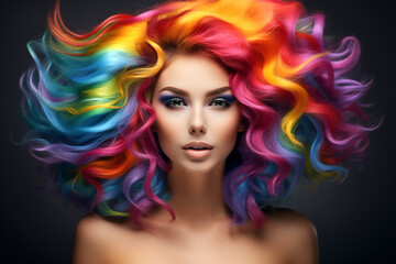 Portrait of a beautiful girl with rainbow neon hair style on black background.