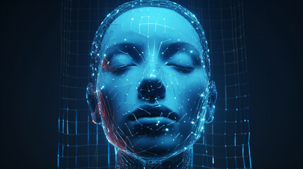 3d face technology, nodes and wires on face, blue neon lighting,  dark background	