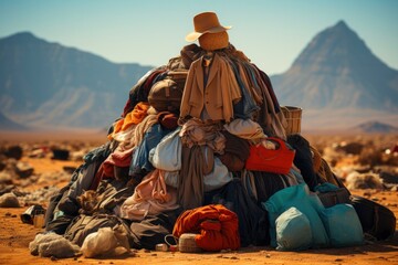 A stark mountain of used clothes contrasts with the barren desert, symbolizing the excess of modern consumption.