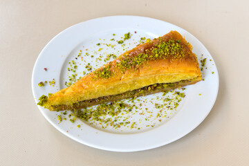 Turkish Dessert Sobiyet  Baklava, mussels baklava and classic baklava with Pistachio . Cevizli, Fistikli Baklava, top view.