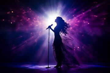 Beautiful female singer silhouette sings on stage in light show - obrazy, fototapety, plakaty