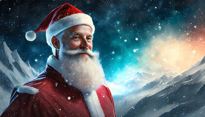 Old santa claus portrait with white beard smiling from the north pole. Cold and snowy mountains background. Christmas traditional santa, festive xmas character