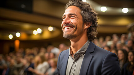 Obraz premium Handsome man in front of a large group of people in a conference hall. 