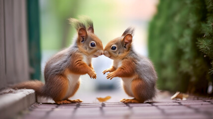 Fototapeta premium Two squirrels in spring forest. Eurasian red squirrel, Sciurus vulgaris. Squirrels sitting on a wooden fence with flowers in the background. 