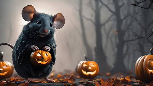 Mouse In Halloween Pumpkin With A Pumpkin
