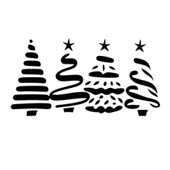 black and white graphics with four Christmas trees on a white background
