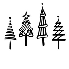 black and white graphics with four Christmas trees on a white background