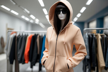 Fashion mannequin wearing a hoodie in a clothing store