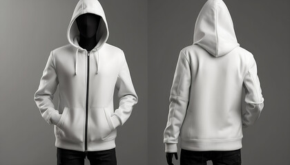 White male hooded jacket sweatshirt mockup, front and back view