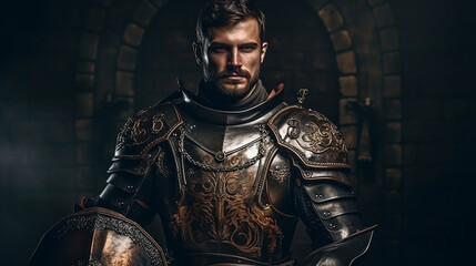 Cavaleiro medieval em armadura e arma em fundo escuro. retrato do cavaleiro - obrazy, fototapety, plakaty